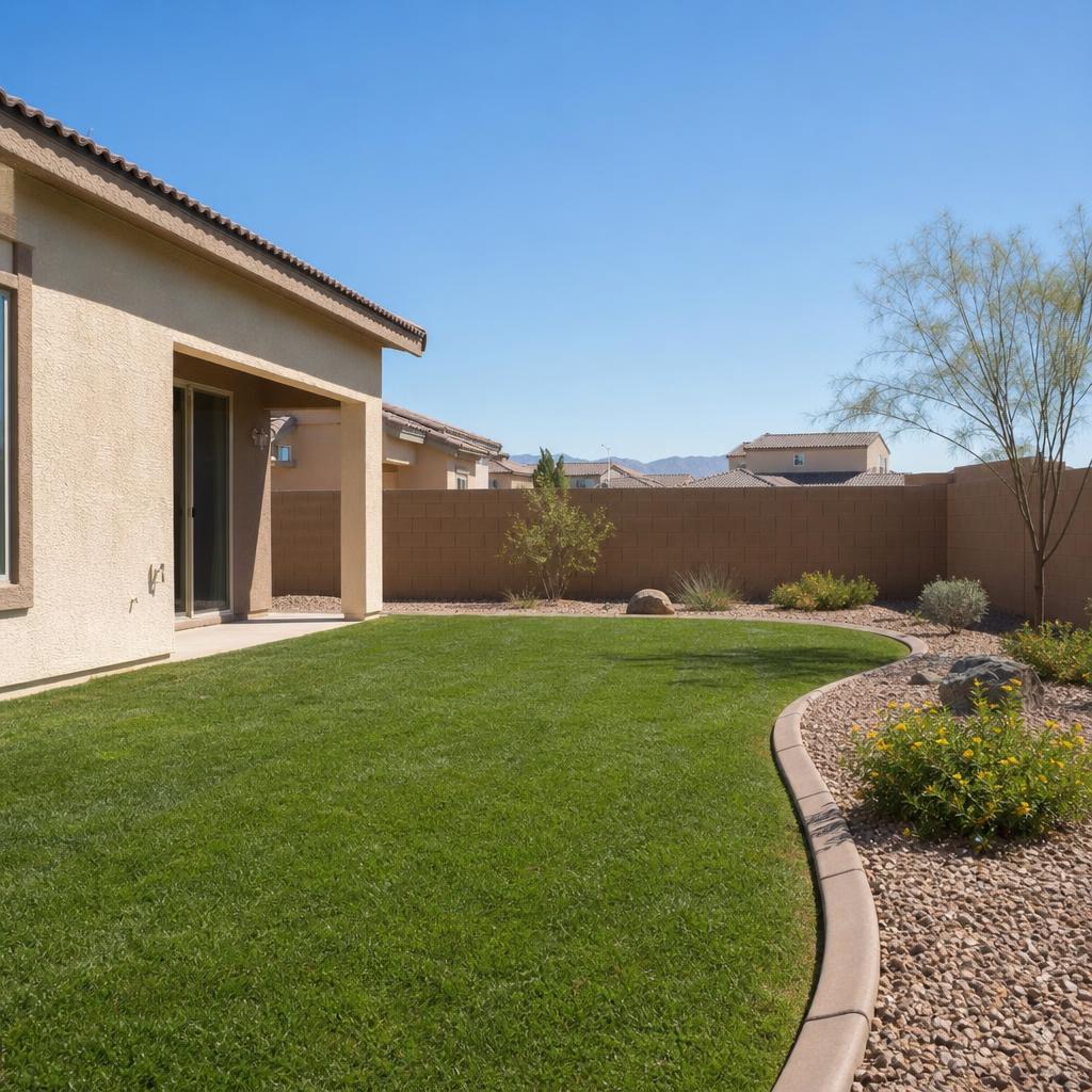 Las Vegas backyard lawn bordered by desert planting and stone