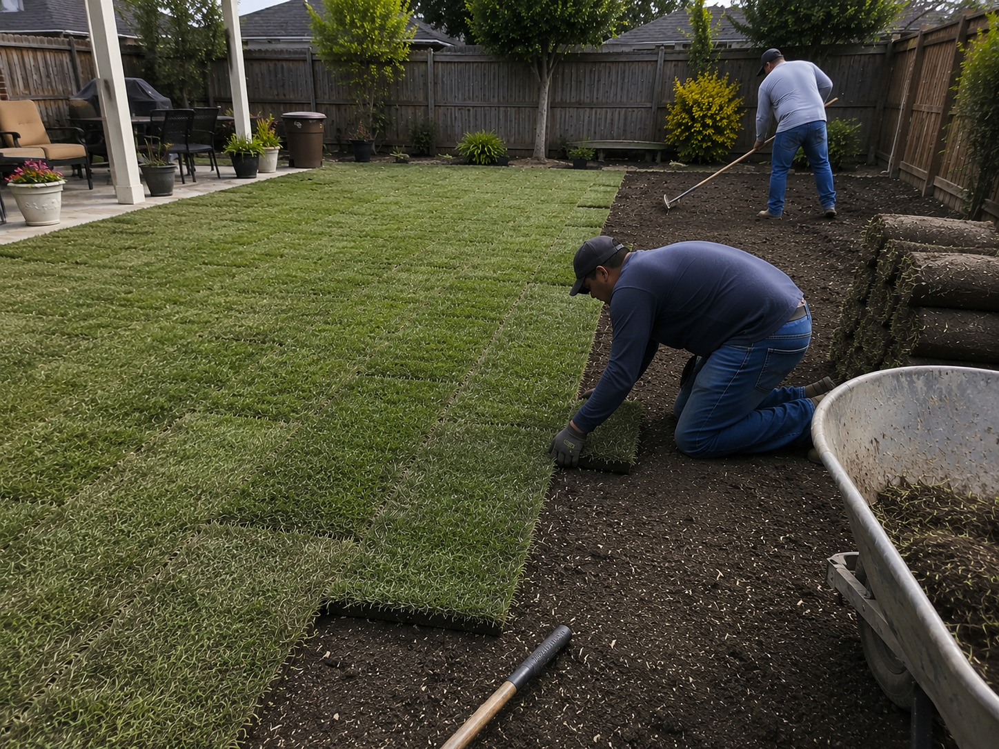 Workers installing sod slabs in a fenced backyard